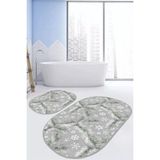 Rem Home Remhome Gri Zemin Çam Yaprakları Kar Taneleri Özel Tasarım 2'li Oval Kaymaz Taban Banyo & Mutfak Paspas Seti Takım Banyo Paspası - Renkli - 2'li Set