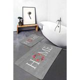 Rem Home Remhome Gri Zemin Home Temalı Dijital Baskılı 2'li Kaymaz Tabanlı Banyo & Mutfak Paspas Takımı Takım Banyo Paspası - Renkli - 2'li Set