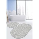 Rem Home Remhome Gri Zemin Kar Taneleri Dijital Baskılı 2'li Oval Kaymaz Tabanlı Banyo & Mutfak Paspas Takımı Takım Banyo Paspası - Renkli - 2'li Set