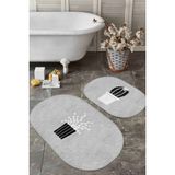 Rem Home Remhome Gri Zemin Saksılı Kaktüs Motifli 2'li Oval Kaymaz Tabanlı Banyo & Mutfak Paspas Takımı Takım Banyo Paspası - Renkli - 2'li Set