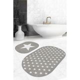 Rem Home Remhome Gri Zemin Yıldız Temalı Özel Tasarım 2'li Oval Kaymaz Tabanlı Banyo & Mutfak Paspas Takımı Takım Banyo Paspası - Renkli - 2'li Set