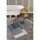 Rem Home Remhome Gri Zeminde Geometrik Motifli Kazayağı Desenli Geometrik Klasik 2'li Banyo & Mutfak Paspas Takımı Takım Banyo Paspası - 2'li Set