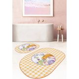 Rem Home Remhome Kabak Motifli Ekose Temalı 2'li Oval Kaymaz Tabanlı Banyo Halısı Seti & Klozet Paspas Takımı Takım Banyo Paspası - Renkli - 2'li Set