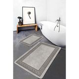 Rem Home Remhome Kahverengi - Bej Zeminde Çerçeveli Motifli Kilim Avangarde Geometrik 2'li Banyo Mutfak Paspas Takımı Takım Banyo Paspası - Beyaz - Krem - Bej - 2'li Set