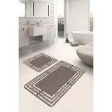 Rem Home Remhome Kahverengi Beyaz Zeminde Çerçeveli Motifli Mermer Desenli Sade Şık 2'li Banyo & Mutfak Paspas Takımı Takım Banyo Paspası - 2'li Set