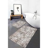 Rem Home Remhome Kahverengi - Beyaz Zeminde Kareli Motifli Dokuma Eskitme Motifli Vintage 2'li Banyo Paspas Takımı Takım Banyo Paspası - 2'li Set