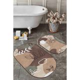 Rem Home Remhome Kahverengi Bohem Çizimli Özel Tasarım 2'li Oval Kaymaz Tabanlı Banyo & Mutfak Paspas Takımı Takım Banyo Paspası - Renkli - 2'li Set