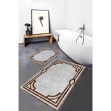 Rem Home Remhome Kahverengi - Gri Zeminde Çerçeveli Motifli Klasik Desenli Vintage Geometrik 2'li Banyo Paspas Takımı Takım Banyo Paspası - 2'li Set