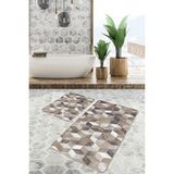 Rem Home Remhome Kahverengi Zeminde Eskitme Motifli Geometrik Geometrik Sade & Şık 2'li Banyo & Mutfak Paspas Takımı Takım Banyo Paspası - 2'li Set