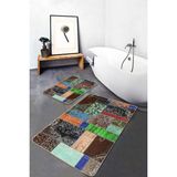 Rem Home Remhome Kahverengi Zeminde Patchwork Motifli Etnik Vintage Eskitme Motifli 2'li Banyo & Mutfak Paspas Takımı Takım Banyo Paspası - 2'li Set