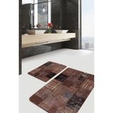 Rem Home Remhome Kahverengi Zeminde Patchwork Motifli Vintage Vintage Eskitme Motifli 2'li Banyo Mutfak Paspas Takımı Takım Banyo Paspası - 2'li Set