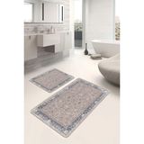 Rem Home Remhome Kahverengi Zeminde Uşak Motif Vintage Etnik Motifler Eskitme Motifli 2'li Banyo Mutfak Paspas Takımı Takım Banyo Paspası - Beyaz - Krem - Bej - 2'li Set