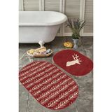 Rem Home Remhome Kahverengi Zeminli Geyik Tasarımlı 2'li Oval Kaymaz Tabanlı Banyo Halısı Takımı & Mutfak Halı Seti Takım Banyo Paspası - Renkli - 2'li Set
