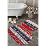 Rem Home Remhome Kanaviçe Tasarım Yılbaşı Temalı Dijital Baskılı 2'li Oval Kaymaz Tabanlı Banyo & Mutfak Paspas Seti Takım Banyo Paspası - Renkli - 2'li Set