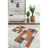 Rem Home Remhome Kırkyama Zeminde Patchwork Motifli Etnik Desenli Klasik Vintage 2'li Banyo & Mutfak Paspas Takımı Takım Banyo Paspası - Turuncu - Terra - Kiremit - 2'li Set