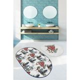 Rem Home Remhome Kırmızı Bağ Evi Tasarımlı Kış Temalı Geyikler 2'li Oval Kaymaz Tabanlı Banyo & Mutfak Paspas Takımı Takım Banyo Paspası - Renkli - 2'li Set