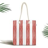 Rem Home Remhome Kırmızı Çizgili Dijital Baskılı Dekoratif Fermuarlı Kumaş Plaj Çantası Omuz Çantası - 45 x 50 x 7 cm - Renkli