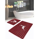 Rem Home Remhome Kırmızı Ekose Geyik Motifli 2'li Mutfak Paspas Seti & Banyo Paspas Takımı Takım Banyo Paspası - Renkli - 2'li Set