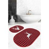 Rem Home Remhome Kırmızı Ekose Geyik Motifli 2'li Oval Kaymaz Tabanlı Mutfak Paspas Seti & Banyo Paspas Takımı Takım Banyo Paspası - Renkli - 2'li Set