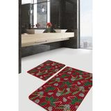 Rem Home Remhome Kırmızı Ekose Yılbaşı Tasaımlı 2'li Banyo Paspas Takımı & Mutfak Paspas Seti Takım Banyo Paspası - Renkli - 2'li Set