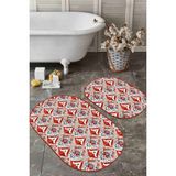 Rem Home Remhome Kırmızı Suluboya Motifli 2'li Oval Kaymaz Tabanlı Mutfak Paspas Seti & Banyo Halı Takımı Takım Banyo Paspası - Renkli - 2'li Set
