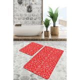 Rem Home Remhome Kırmızı Zemin Kar Taneleri Dijital Baskılı 2'li Kaymaz Tabanlı Banyo & Mutfak Paspas Takımı Takım Banyo Paspası - Renkli - 2'li Set