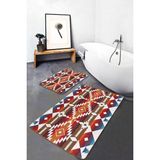 Rem Home Remhome Kırmızı Zeminde Antik Motifli Geometrik Geometrik Etnik Motifler 2'li Banyo & Mutfak Paspas Takımı Takım Banyo Paspası - 2'li Set