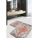Rem Home Remhome Kırmızı Zeminde Geleneksel Motifli Uşak Eskitme Motifli Avangarde 2'li Banyo & Mutfak Paspas Takımı Takım Banyo Paspası - Kırmızı - Bordo - 2'li Set