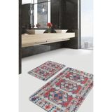Rem Home Remhome Kırmızı Zeminde Kilim Motifli Geleneksel Avangarde Etnik Motifler 2'li Banyo & Mutfak Paspas Takımı Takım Banyo Paspası - 2'li Set
