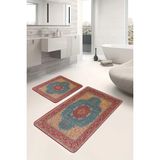 Rem Home Remhome Kırmızı Zeminde Osmanlı Motifli Uşak Desenli Vintage Avangarde 2'li Banyo & Mutfak Paspas Takımı Takım Banyo Paspası - Kırmızı - Bordo - 2'li Set