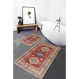 Rem Home Remhome Kırmızı Zeminde Yöresel Motifli Osmanlı Avangarde Etnik Motifler 2'li Banyo & Mutfak Paspas Takımı Takım Banyo Paspası - Kırmızı - Bordo - 2'li Set