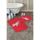 Rem Home Remhome Kırmızı Zeminli Geyik Motifli Yılbaşı Temalı 2'li Kaymaz Tabanlı Banyo & Mutfak Paspas Takımı Takım Banyo Paspası - Renkli - 2'li Set