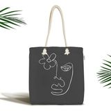 Rem Home Remhome Koyu Gri Zeminli Oneline Çizimli Dekoratif Fermuarlı Kumaş Plaj Çantası Omuz Çantası - 45 x 50 x 7 cm - Renkli