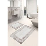 Rem Home Remhome Krem Bej Zeminde Çerçeveli Motifli Dokuma Sade Şık Eskitme Motifli 2'li Banyo Mutfak Paspas Takımı Takım Banyo Paspası - Beyaz - Krem - Bej - 2'li Set
