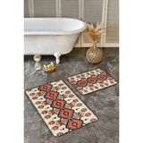 Rem Home Remhome Krem Bej Zeminde Geleneksel Motifli Geometrik Etnik Motifler Vintage 2'li Banyo Mutfak Paspas Takımı Takım Banyo Paspası - 2'li Set