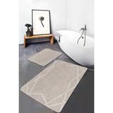 Rem Home Remhome Krem - Beyaz Zeminde Çerçeveli Motifli Dokuma Geometrik Sade & Şık 2'li Banyo & Mutfak Paspas Takımı Takım Banyo Paspası - Beyaz - Krem - Bej - 2'li Set