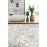 Rem Home Remhome Krem - Beyaz Zeminde Çizgili Motifli Eskitme Geometrik Sade & Şık 2'li Banyo & Mutfak Paspas Takımı Takım Banyo Paspası - Beyaz - Krem - Bej - 2'li Set