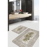 Rem Home Remhome Krem - Gold Zeminde Altık Çiçek Motifli Çerçeve Vintage Sade & Şık 2'li Banyo & Mutfak Paspas Takımı Takım Banyo Paspası - Beyaz - Krem - Bej - 2'li Set