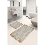Rem Home Remhome Krem - Gold Zeminde Çerçeveli Motifli Kilim Geometrik Sade & Şık 2'li Banyo & Mutfak Paspas Takımı Takım Banyo Paspası - Mavi - Lacivert - 2'li Set