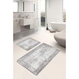 Rem Home Remhome Krem - Gri Zeminde Çerçeveli Motifli Antik Geometrik Eskitme Motifli 2'li Banyo Mutfak Paspas Takımı Takım Banyo Paspası - Beyaz - Krem - Bej - 2'li Set