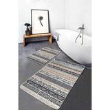 Rem Home Remhome Krem - Gri Zeminde Iskandinav Motifli Kilim Geometrik Etnik Motifler 2'li Banyo Mutfak Paspas Takımı Takım Banyo Paspası - Beyaz - Krem - Bej - 2'li Set