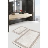 Rem Home Remhome Krem Kahverengi Zeminde Çerçeveli Motifli Antika Desenli Eskitme Motifli 2'li Banyo Paspas Takımı Takım Banyo Paspası - Beyaz - Krem - Bej - 2'li Set
