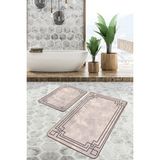 Rem Home Remhome Krem - Kahverengi Zeminde Çerçeveli Motifli Eskitme Sade & Şık Geometrik 2'li Banyo Paspas Takımı Takım Banyo Paspası - Beyaz - Krem - Bej - 2'li Set