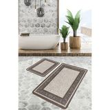 Rem Home Remhome Krem - Kahverengi Zeminde Çerçeveli Motifli Geleneksel Vintage Avangarde 2'li Banyo Paspas Takımı Takım Banyo Paspası - 2'li Set