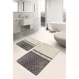 Rem Home Remhome Krem - Kahverengi Zeminde Mermer Motifli Baklava Geometrik Klasik 2'li Banyo & Mutfak Paspas Takımı Takım Banyo Paspası - Beyaz - Krem - Bej - 2'li Set