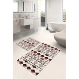 Rem Home Remhome Krem - Kahverengi Zeminde Yöresel Motifli Geometrik Etnik Motifler Vintage 2'li Banyo Paspas Takımı Takım Banyo Paspası - Kırmızı - Bordo - 2'li Set