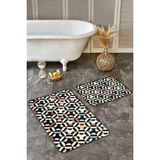 Rem Home Remhome Krem Kırmızı Zeminde Geometrik Motifli Art Deco Geometrik Sade Şık 2'li Banyo Mutfak Paspas Takımı Takım Banyo Paspası - Siyah - 2'li Set