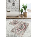 Rem Home Remhome Krem Kırmızı Zeminde Hereke Motifli Dokuma Eskitme Motifli Avangarde 2'li Banyo Mutfak Paspas Takımı Takım Banyo Paspası - Kırmızı - Bordo - 2'li Set