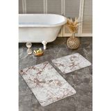 Rem Home Remhome Krem - Kızıl Zeminde Kanvas Motifli Boya Eskitme Motifli Vintage 2'li Banyo & Mutfak Paspas Takımı Takım Banyo Paspası - Kahverengi - 2'li Set