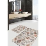 Rem Home Remhome Krem - Kremit Zeminde Geometrik Motifli Geleneksel Desenli Geometrik Klasik 2'li Banyo Paspas Takımı Takım Banyo Paspası - Kahverengi - 2'li Set